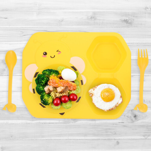 Bee Themed Children's Dinnerware Set with Divided Plate and ChildSized Spoon for Self Feeding 2