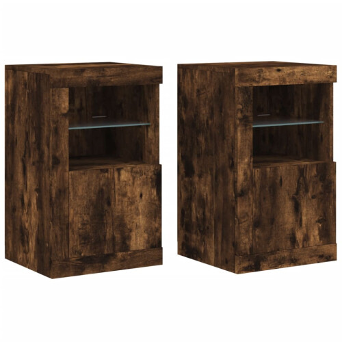 Berkfield Side Cabinets with LED Lights 2 pcs Smoked Oak Engineered Wood 1