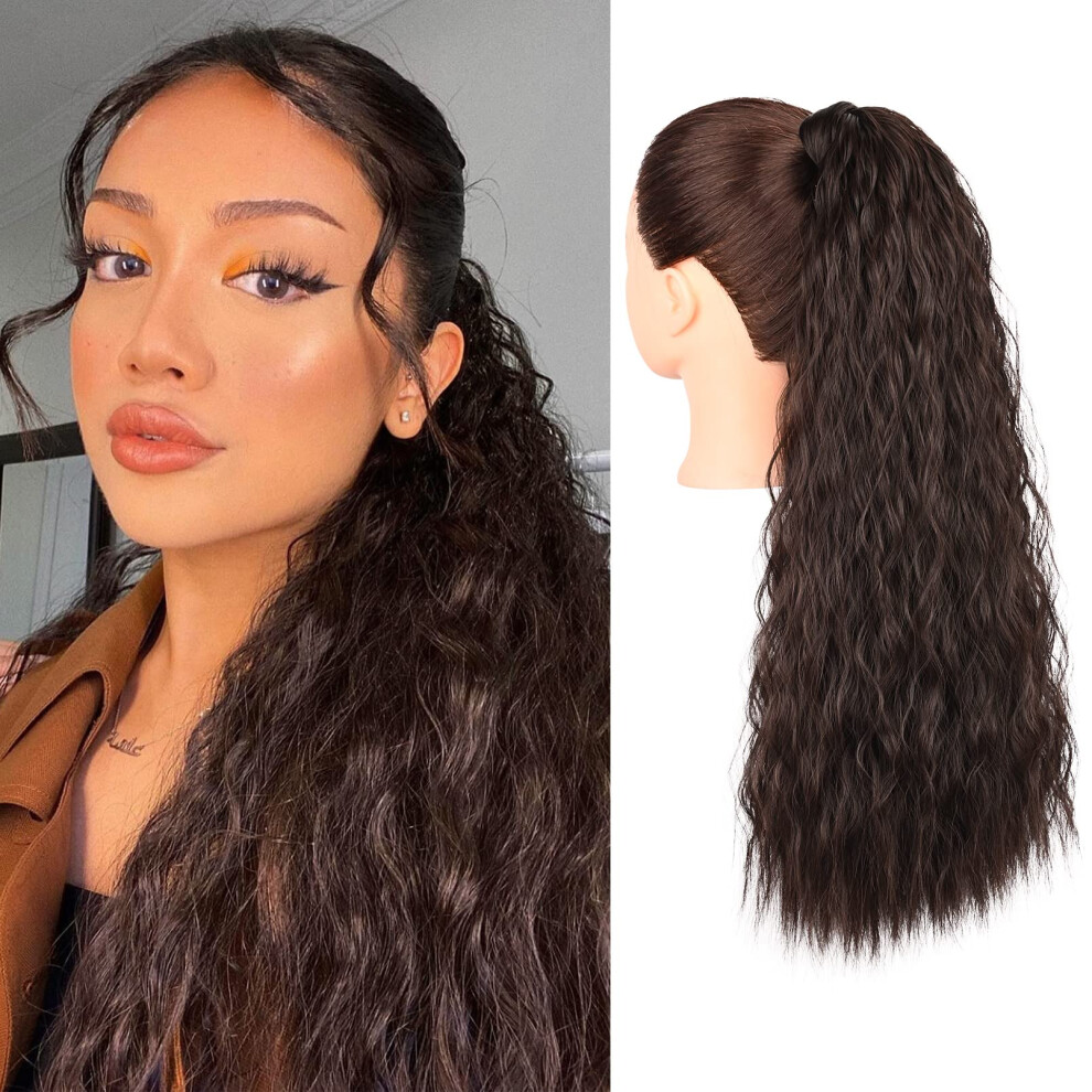 Unisex Brown Dark 16 Inch Clip In Ponytail Extension, Long Wavy Curly Synthetic Hairpiece For Instant Volume
