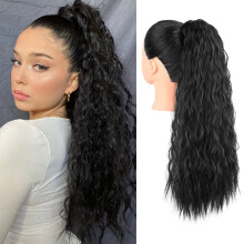 Ponytail Extension 16 Inch Black Long Wavy Curly Wrap Around Clip in Hairpiece for Women with Instant Volume Boost