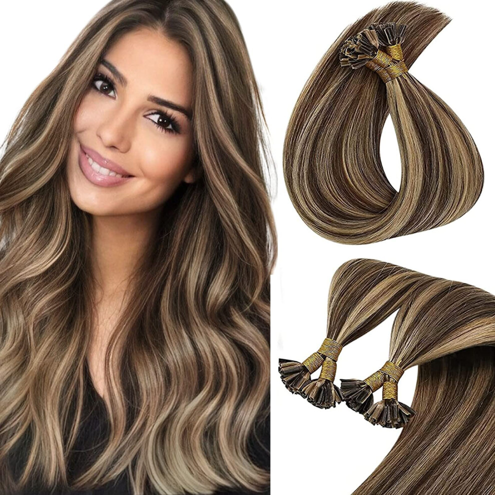 Unisex Brown U Tip Human Hair Extensions 14 Inch 50G Dark With Caramel Blonde Highlights Keratin Bonded