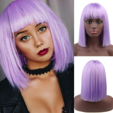 Purple Bob Wig with Bangs 12 Inch Short Straight Synthetic Wig for Women Heat Resistant Vivid Color
