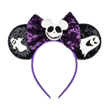 Handmade Halloween Headband Black and Purple Ghost Mouse Ears with Butterfly Sequin for Women
