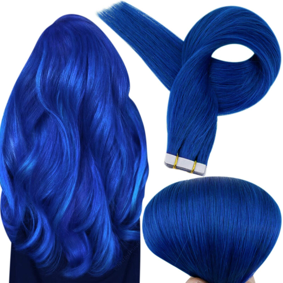 Unisex Blue Human Hair Tape In Extensions 20 Inch Remy Hair, Natural Silky Straight, Invisible Tape Bonds