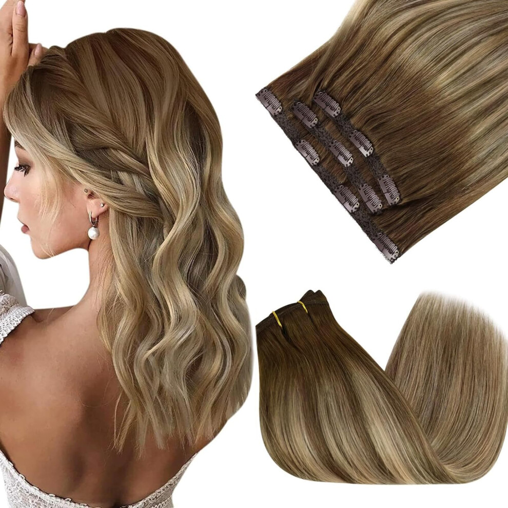 Unisex Brown 14 Inch Chestnut Blonde Balayage Human Hair Clip In Extensions Real Remy Hair For Instant Volume