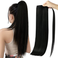 22 Inch Jet Black Human Hair Ponytail Extension, Clip In Wrap Style for Natural Length Boost