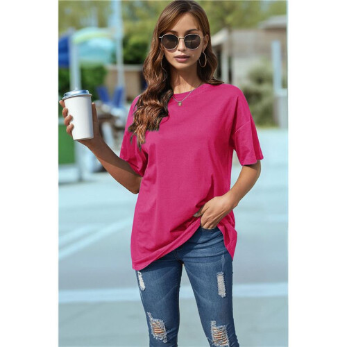 V Neck Short Sleeve Basic Tees Rose Red M 1