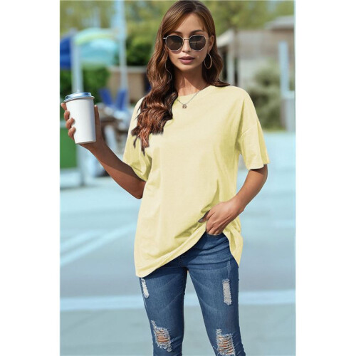V Neck Short Sleeve Basic Tees Light Yellow M 1