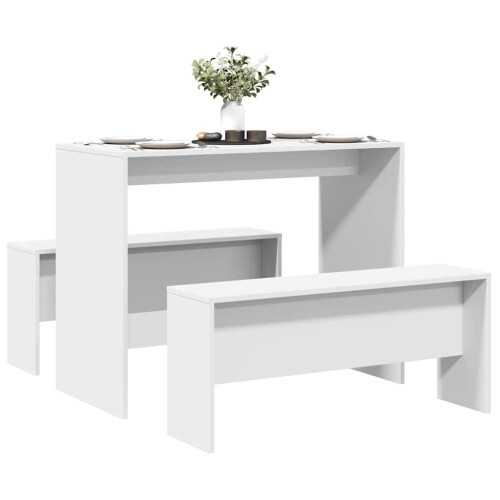 Berkfield 3 Piece Dining Table and Bench set White Engineered Wood 2