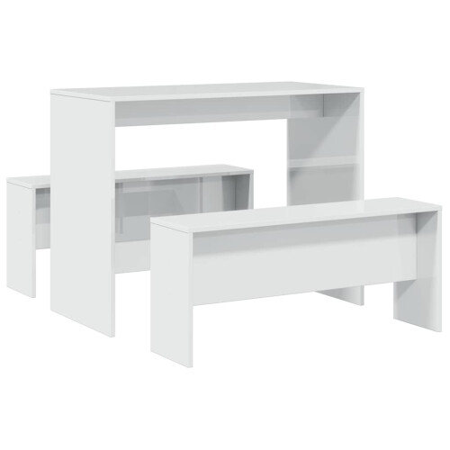 Berkfield 3 Piece Dining Table and Bench set High Gloss White Engineered Wood 1
