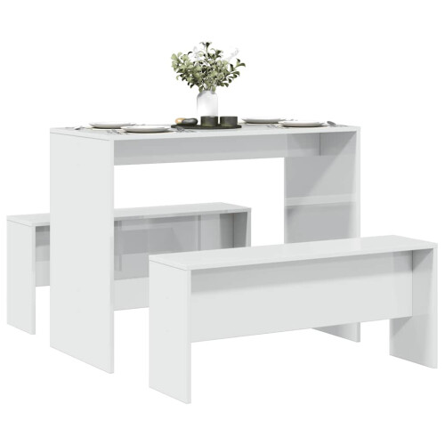 Berkfield 3 Piece Dining Table and Bench set High Gloss White Engineered Wood 2