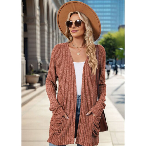 Long-Sleeved Knitted Cardigan Orange Red M 1