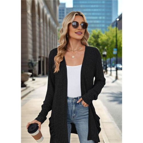 Long-Sleeved Knitted Cardigan Black S 1