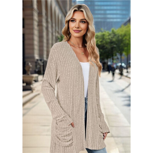 Long-Sleeved Knitted Cardigan Khaki S 1