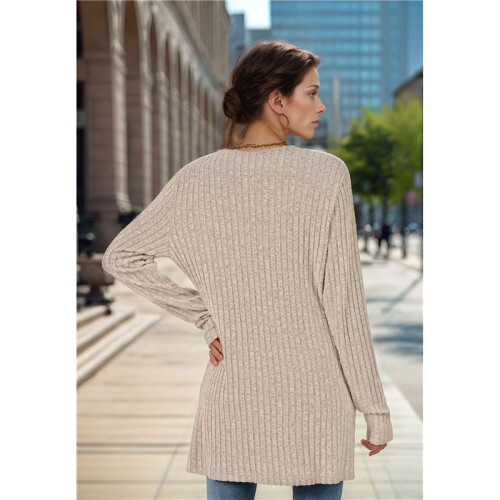 Long-Sleeved Knitted Cardigan Khaki S 2