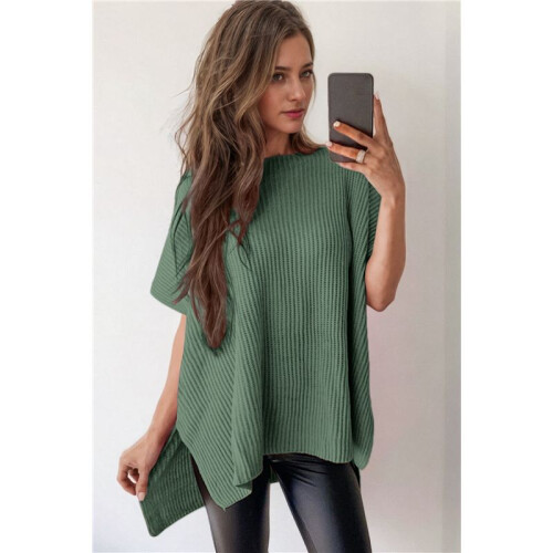 Women'S Loose Dropped Shoulder Short Sleeve Pullover Sweater Green M 1