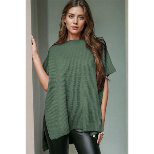 Women'S Loose Dropped Shoulder Short Sleeve Pullover Sweater Green M 2