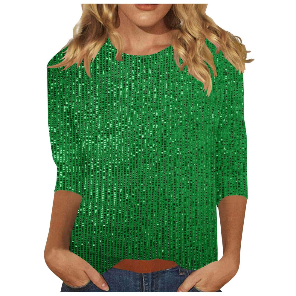 Tops Solid Color for Women Glitter Three-quarter-Light Green S