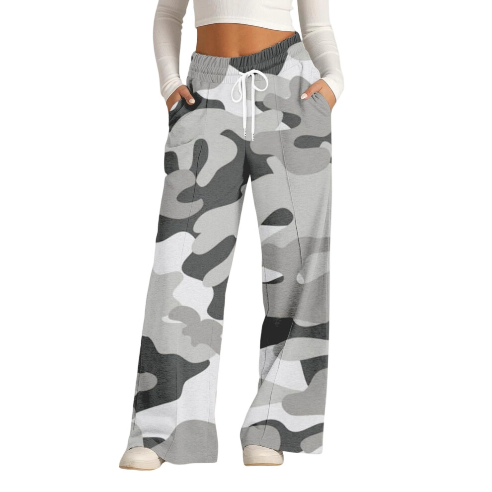 Gray Wide Leg Sweatpants Women Drawstring High Waisted- S