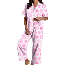 Women's Valentine's Day Pajama Set: Satin Heart Print-Pink L