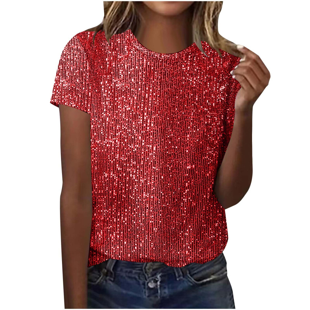 Red Breathable Round Neck Women's Sequins Party Top Loose- Xxl