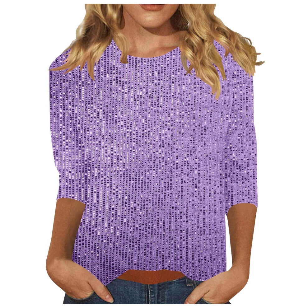 Tops Solid Color for Women Glitter Three-quarter-Light Purple L
