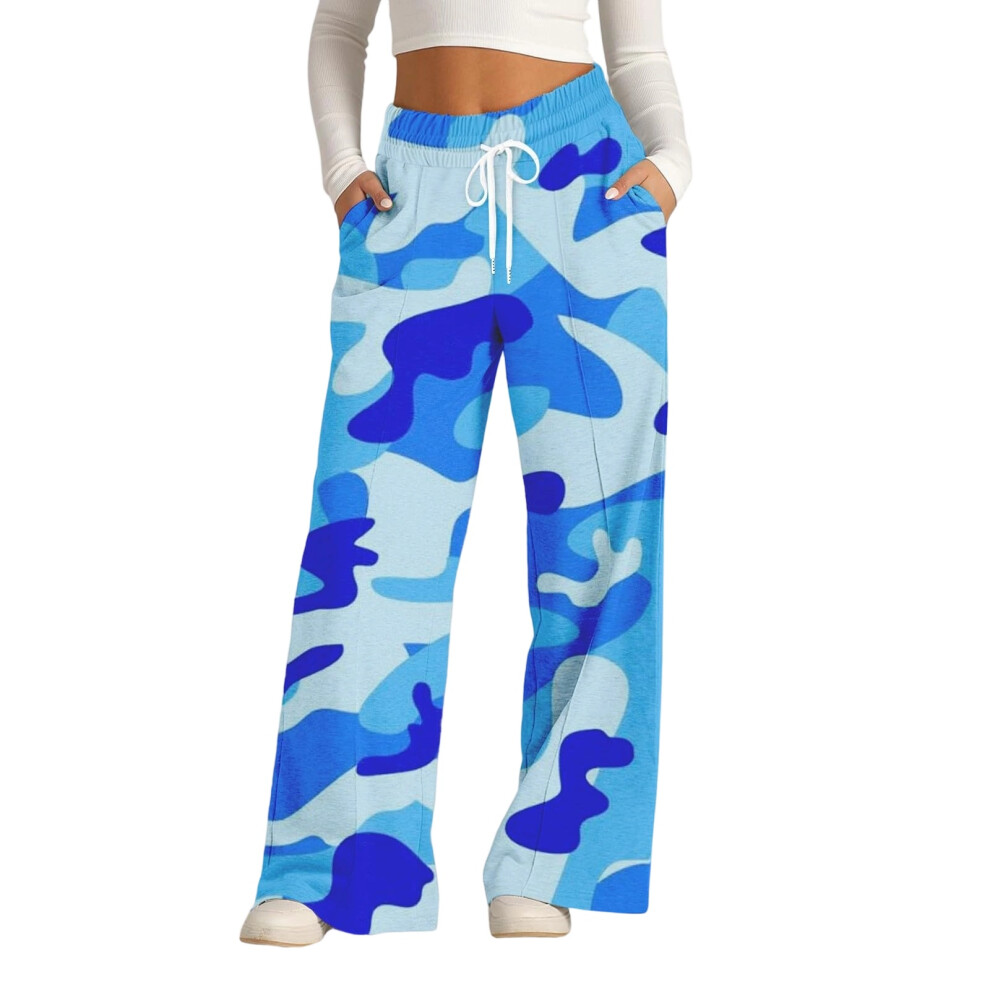 Blue Wide Leg Sweatpants Women Drawstring High Waisted- M