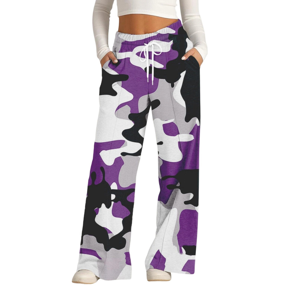 Purple Wide Leg Sweatpants Women Drawstring High Waisted- Xxl