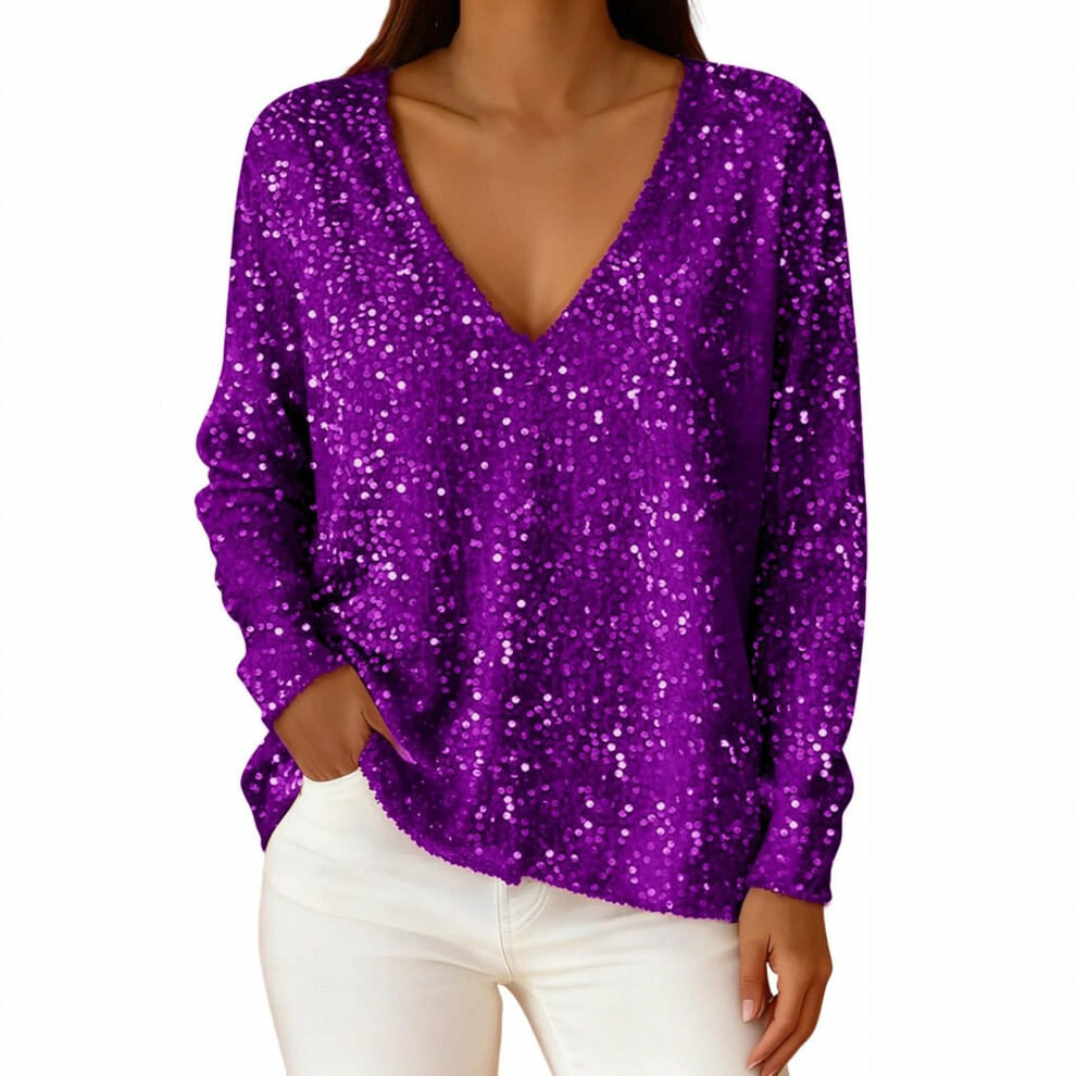 Purple Women's Sequined Top, Sparkling And Elegant V-Neck- Xxl