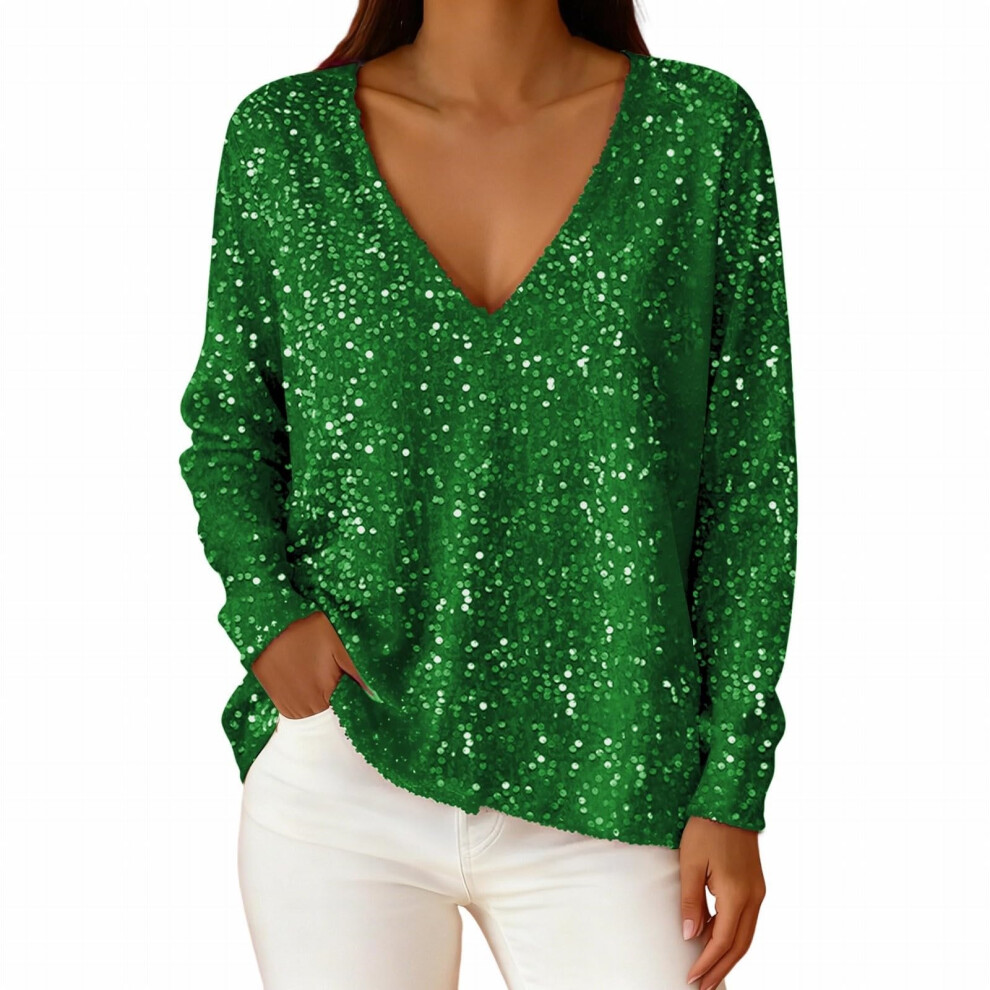 Green Women's Sequined Top, Sparkling And Elegant V-Neck- Xxl