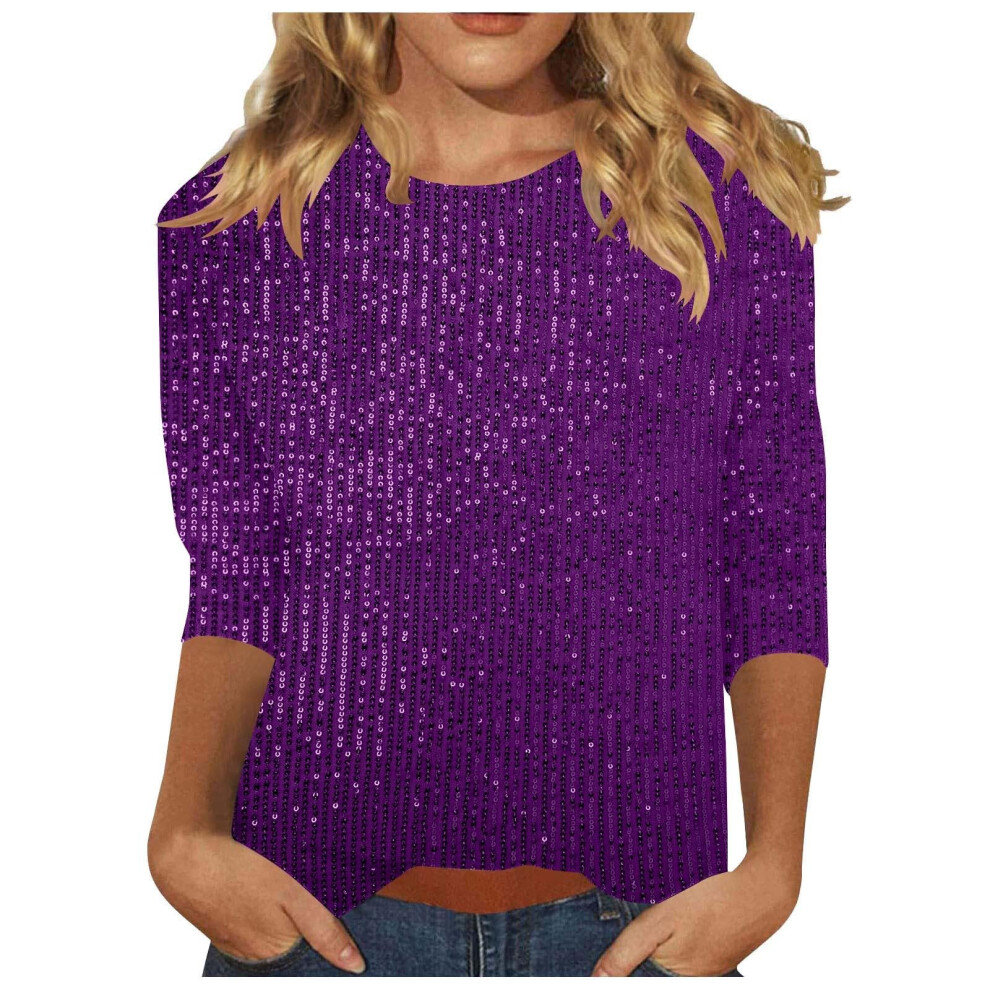 Tops Solid Color for Women Glitter Three-quarter-Purple M