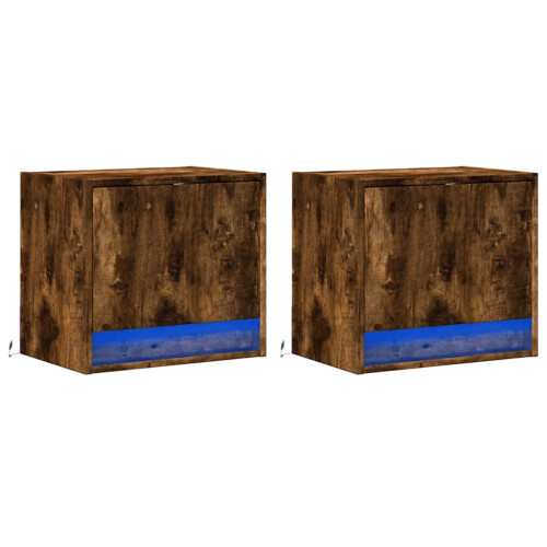 Berkfield Wall-mounted Bedside Cabinets with LED Lights 2 pcs Smoked Oak 2