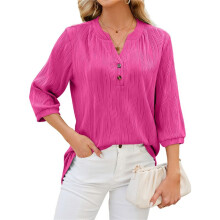 Blouses for Women Dressy Casual 3/4 Length Sleeve Womens Tops V Neck T Shirts with Smocked Cuffs Rose Red L