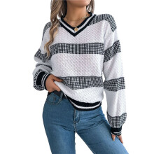 Womens Oversized Striped Tunic Sweaters Casual V Neck Long Sleeve Color Block Knit Pullover Jumper Tops White XL