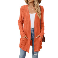 Women'S Long Sleeve Cardigan Solid Color Ribbed Brushed Cardigan Open Front with Pockets Orange M