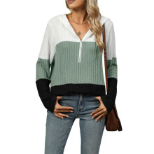 Women'S Size Colorblock Half Zip Hoodies Ribbed Knit V Neck Long Sleeve Pullover Sweater Green M