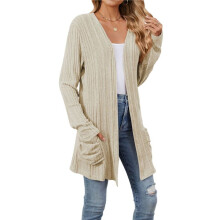 Women'S Long Sleeve Cardigan Solid Color Ribbed Brushed Cardigan Open Front with Pockets Apricot L