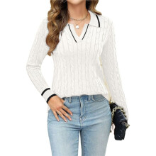 Womens Long Sleeve Sweater Lapel V Neck Loose Shirts 2025 Autumn Cable Knit Business Casual Outfits White & Black XXL