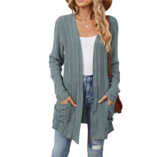 Women'S Long Sleeve Cardigan Solid Color Ribbed Brushed Cardigan Open Front with Pockets  S