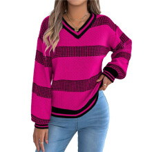 Womens Oversized Striped Tunic Sweaters Casual V Neck Long Sleeve Color Block Knit Pullover Jumper Tops Rose Red L