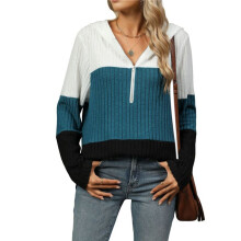 Women'S Size Colorblock Half Zip Hoodies Ribbed Knit V Neck Long Sleeve Pullover Sweater XXL
