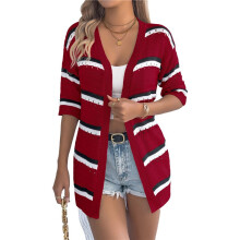 Women Open Front Knitted Crochet Cardigan Short Sleeve Sweater Casual Loose Comfy Light-Weight Kimonos Top Wine Red XL
