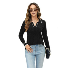 Womens Long Sleeve Sweater Lapel V Neck Loose Shirts 2025 Autumn Cable Knit Business Casual Outfits Black & White S
