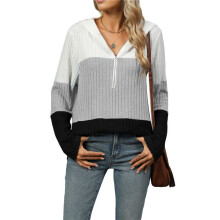 Women'S Size Colorblock Half Zip Hoodies Ribbed Knit V Neck Long Sleeve Pullover Sweater Grey XL