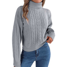 Women'S Sweater Round Neck Texture Button Lantern Sleeve Tops Pullover Knit Grey M