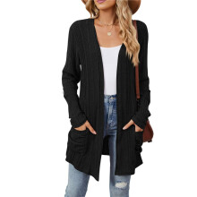 Women'S Long Sleeve Cardigan Solid Color Ribbed Brushed Cardigan Open Front with Pockets Black L