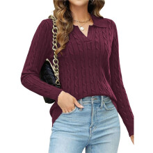 Womens Long Sleeve Sweater Tops Lapel V Neck Loose Shirts 2025 Autumn Cable Knit Business Casual Outfits Wine Red XL