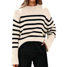 Women'S Striped Knit Oversized Fall Sweaters 2025 Trendy Clothes Crewneck Winter Pullover Sweater Side Split Apricot M