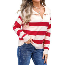 Women'S V Neck Striped Sweater Long Sleeve Oversized Fashion Knitted Pullover Fall Sweaters Tops Red S