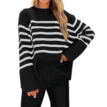 Women'S Striped Knit Oversized Fall Sweaters 2025 Trendy Clothes Crewneck Winter Pullover Sweater Side Split Black XXL